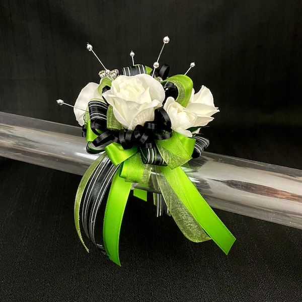 Lime Green Black White Wrist Corsage or Boutonniere, Prom Corsage, Silk Flowers, Formal Event