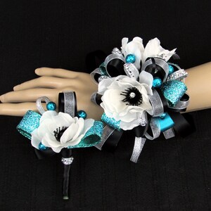 Sparkly Turquoise and Black Wrist Corsage, Boutonniere, Prom Corsage ...