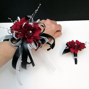 Black and Red Wrist Corsage With Rhinestones or Boutonniere - Etsy