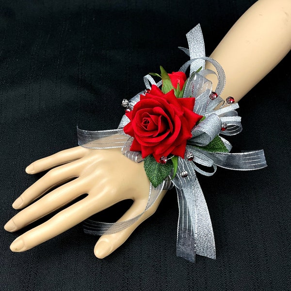 Bright Red Velvet Rose Wrist Corsage or Boutonniere, Prom, Wedding