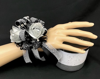 Sparkly Silver and Black Wrist Corsage or Boutonniere, Prom, HOCO, Formal Event