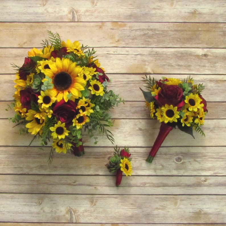 Sunflower and Red Rose Cascading Bridal Bouquet image 2