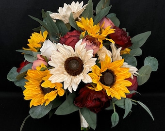 Golden Yellow Sunflower Burgundy Ivory Wedding Floral, Bouquets, Boutonnieres, Corsages