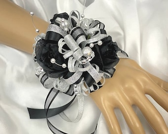 Black Rosebud and Silver Wrist Corsage or Boutonniere, Prom