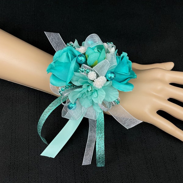 Turquoise Silk Rosebud Wrist Corsage or Boutonniere