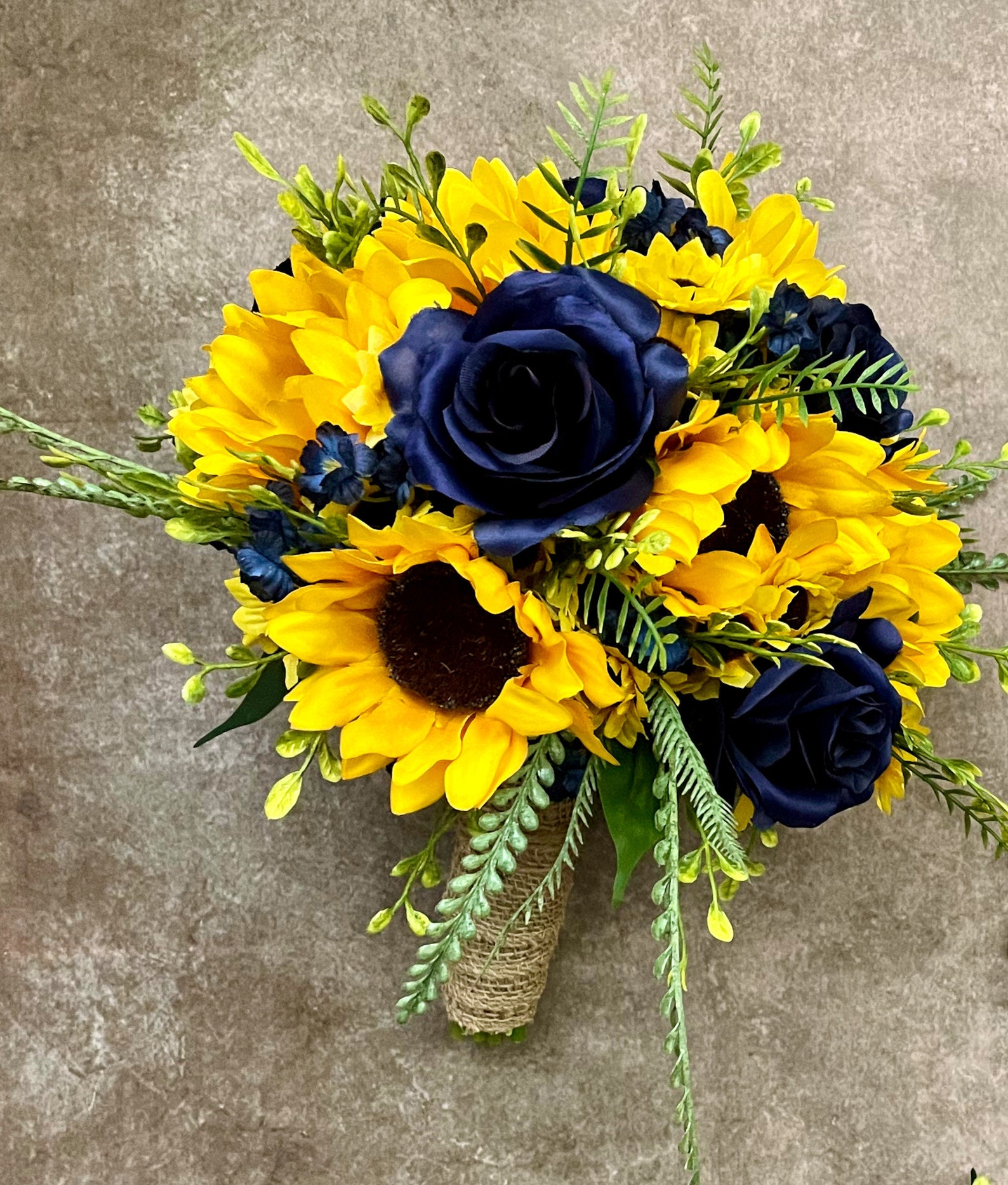 Sunflower and Navy Roses Wedding Floral, Bridal Bouquet, Bridesmaid