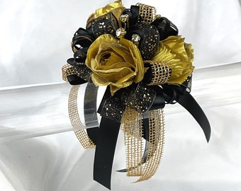 Sparkly Gold and Black Wrist Corsage or Boutonniere