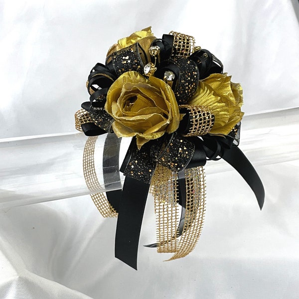 Sparkly Gold and Black Wrist Corsage or Boutonniere