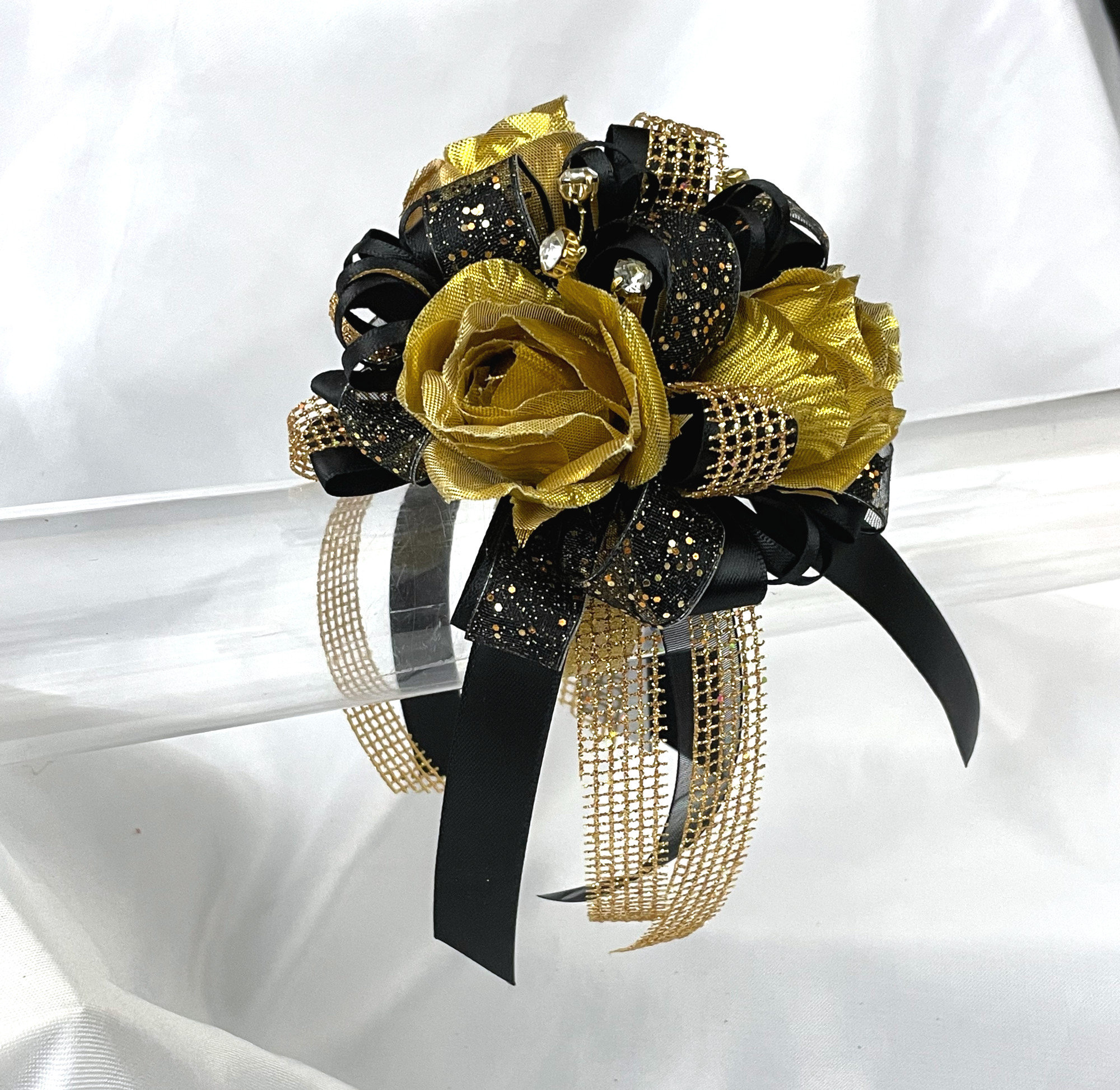 Black Statement Flower Bracelet on Metallic Gold Band, Bold Cuff