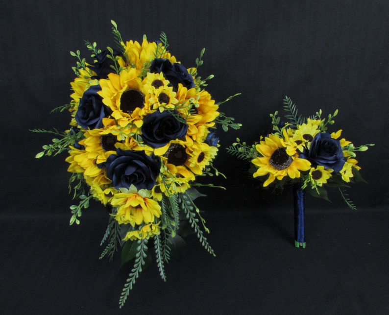 Sunflower and Navy Roses Wedding Floral Bridal Bouquet Etsy