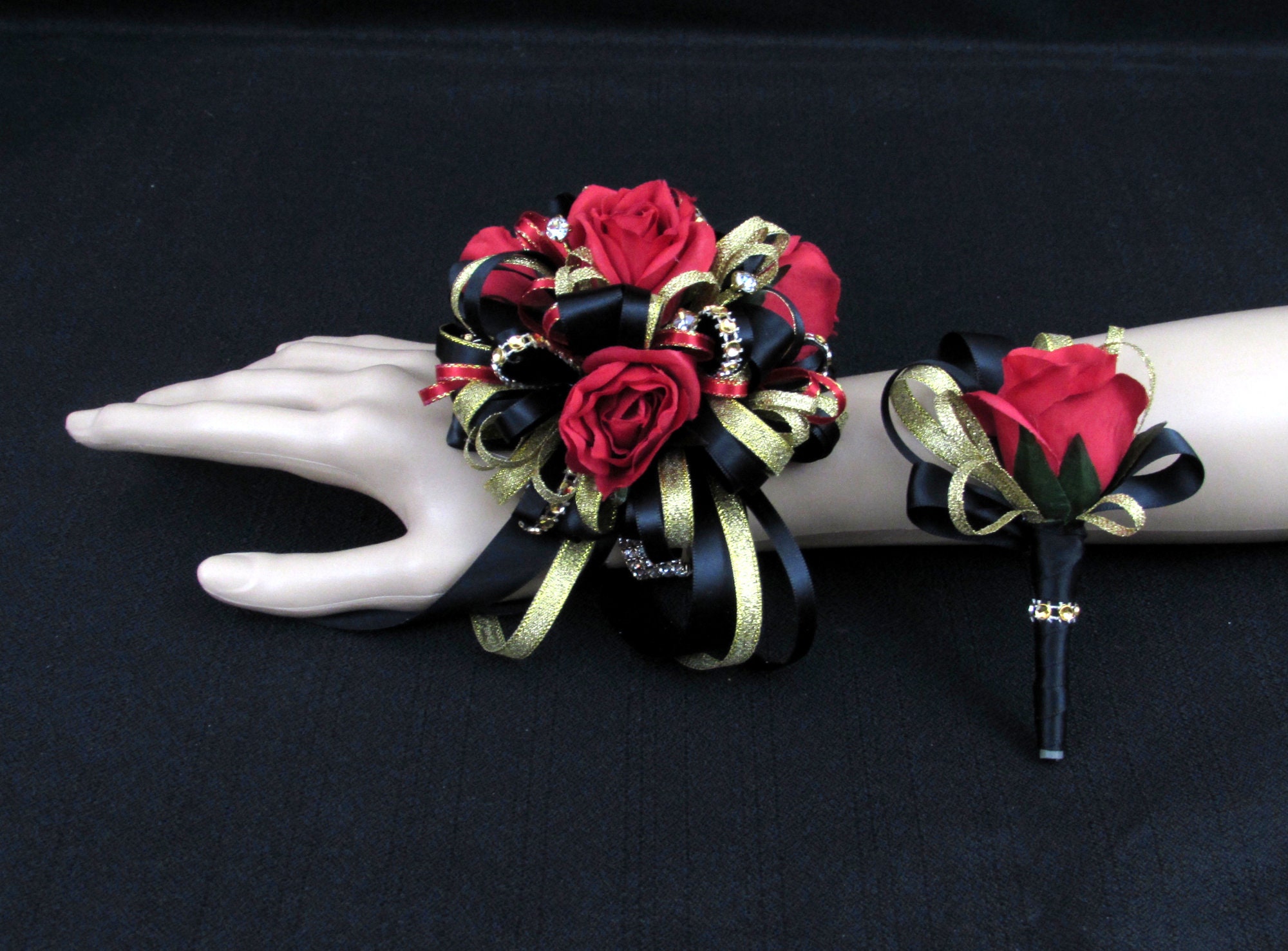 Red Black and Gold Wrist Corsage Etsy