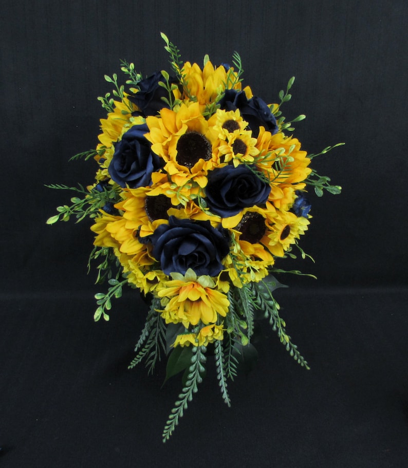 Sunflower and Navy Roses Wedding Floral Bridal Bouquet Etsy