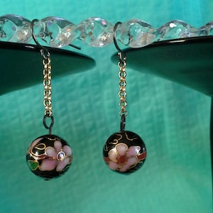 Vintage Cloisonne Bead Earrings: Black, Pink, and Gold Floral Design