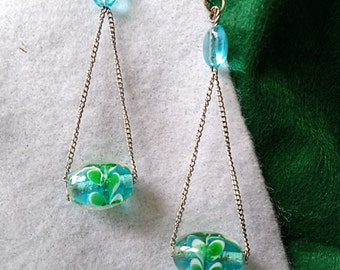 Long, blue green Murano glass bead dangle silver earrings