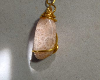 20% OFF! Genuine stone wire wrapped, pendant necklace. Fossil coral, daisy coral, cabochon baroque .