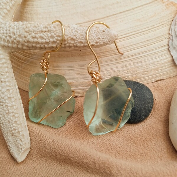 Blue-Green Sea Glass Earrings: Gold Wire Wrapped, Handmade