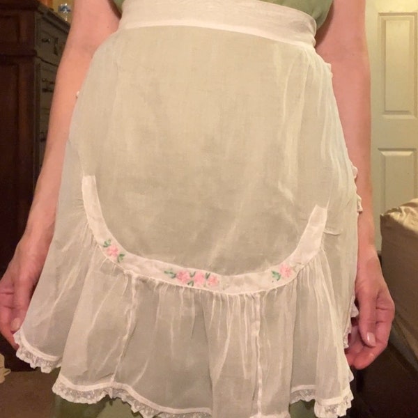 1950s Apron Sheer White & Pink Floral