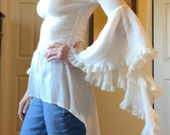 Women's Lace Top Vintage Blouse Ruffles Victorian Style Romantic Bell Sleeves