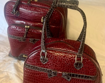 Vintage Raspberry Red Crocodile Embossed Vinyl Luggage Set