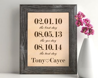 May include: A framed print with a peach background and brown text. The text reads "02.01.10 the first day 08.05.13 the yes day 08.10.14 the best day Tony ♥ Cayce"