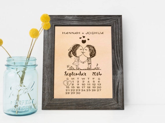 Cute Calendar, 3rd Wedding anniversary gift leather engraved date picture, third anniversary gift for men, wife