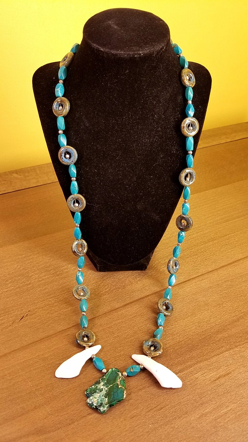 Hemimorphite and White Buffalo Teeth Goblin Enchanted Necklace 30 Long Green Agate