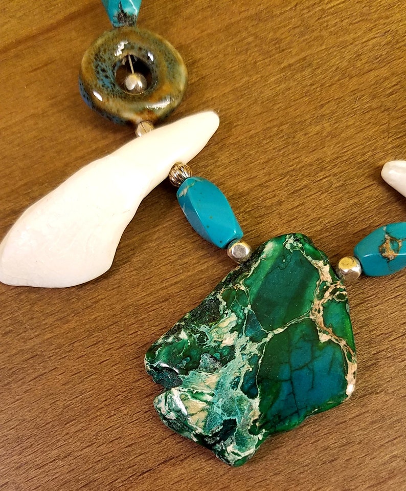 Hemimorphite and White Buffalo Teeth Goblin Enchanted Necklace 30 Long Green Agate