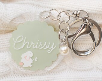 Personalized Easter Bunny Keychain- Double Sided Key Fob for Girl’s Easter Baskets | Comes in Cute and Girly Soft Colors | Bunny Doily