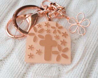 Personalized Easter Cross Keychain- Add Your Initial to the Back! Cute Gift for Daughters, Bridesmaids, and More! | Cross and Petals