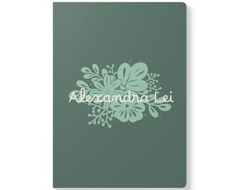 Green Floral Softcover Journal, Feminine Notebook for Writers and Students, Soft Colored Daily Diary, Personalizable