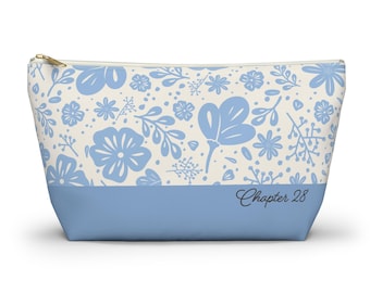 Niebieska kosmetyczka z kwiatowym wzorem i dnem w kształcie litery T - piórnik z miękkim kolorem, torba podróżna, organizer do damskiej torebki, wiosenne klimaty
