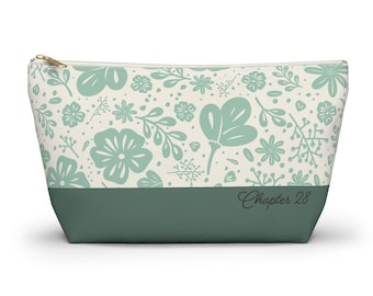 Zielona kosmetyczka z kwiatowym wzorem i dnem w kształcie litery T - piórnik z miękkim kolorem, torba podróżna, kobiecy organizer do torebki, wiosenne klimaty