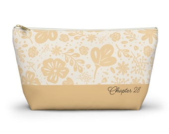 Żółta kosmetyczka z kwiatowym wzorem i dnem w kształcie litery T - piórnik z miękkim kolorem, torba podróżna, organizer do damskiej torebki, wiosenne klimaty