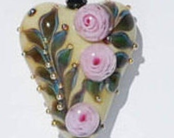 Needle Threader - Necklace - 35" - Pink Rose - Floral Heart - Glass - Lampork - Cross Stitching - Embroidery - Sewing - Quilting