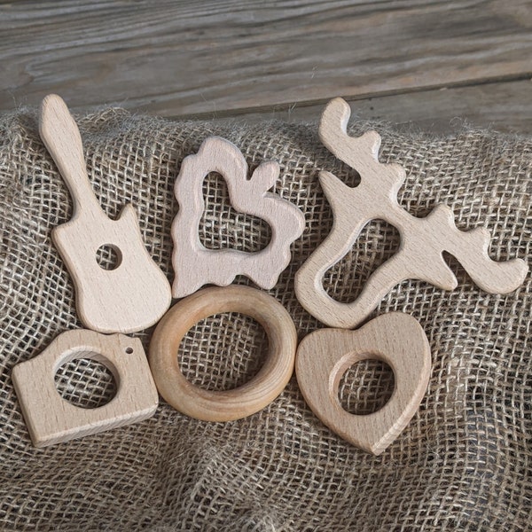 Organic beech and maple wood teether Wooden Teething Animals/shapes/ Eco Toy/baby gift/ guitar moose antlers camera ring heart leaf