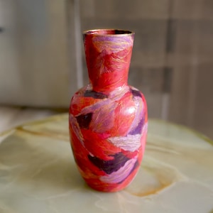 Textured Hardened Red Purple Vase with Abstract Brush Strokes Handmade Artistic Home Decor Vibrant Mixed Media Unique Flower Vase