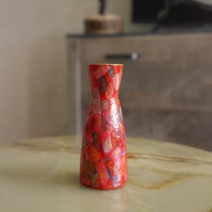 Textured Red Vase with Abstract Brush Strokes Handmade Home Décor Art Deco Mid-century Cottagecore Hollywood Regency Unique Flower Vase