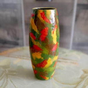 Textured Hardened Green Red and Yellow Vase Décor Art Deco Mid-century Cottagecore Hollywood Regency  Vibrant Mixed Media Unique Flower Vase