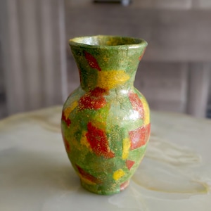 Textured Hardened Green Vase with Red Abstract Brush Strokes Handmade  Décor Art Deco Mid-century Cottagecore Hollywood Regency Vase