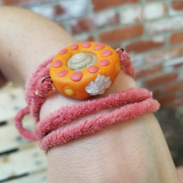 slow down* snail timepiece wristwrap polymer clay crystal wrap bracelet made in oklahoma