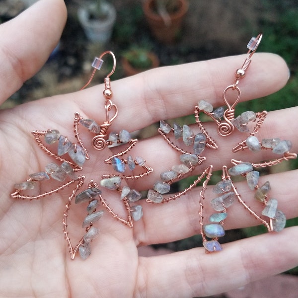 Labradorite Cannabis Leaf Wire-Wrap Earrings Raw Copper Crystal Jewelry Handmade in Oklahoma