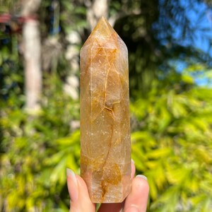 May include: A clear quartz crystal point with golden inclusions. The crystal is faceted and has a pointed tip. It is held in a hand against a blurred green background.