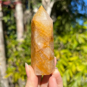 May include: A clear quartz crystal point with golden inclusions. The crystal is faceted and has a pointed tip. It is approximately 5 cm tall.