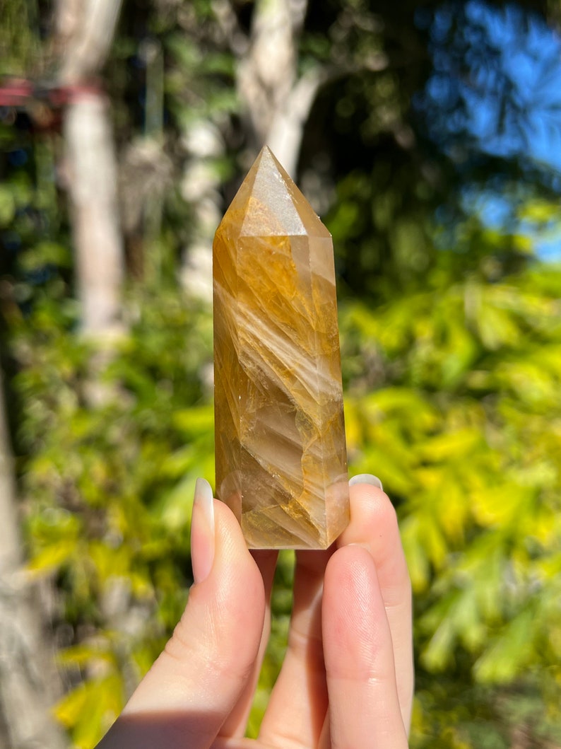 May include: A golden citrine crystal point with a swirling, translucent pattern. The crystal is held in a hand against a blurred background of green foliage.
