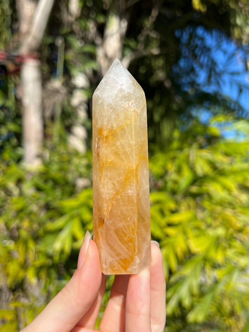 May include: A clear quartz crystal point with a golden yellow hue. The crystal is faceted and has a pointed tip. It is held in a hand against a blurred background of green foliage.