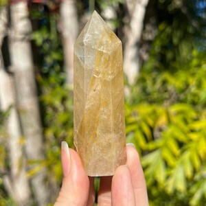 May include: A clear quartz crystal point with golden inclusions. The crystal is faceted and has a pointed tip. It is a natural crystal and has a unique shape and colour.