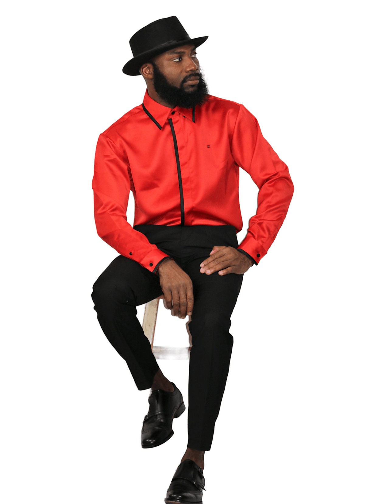 Red Satin Men's Dress Shirt: Black Trim, Luxury Wedding Shirt