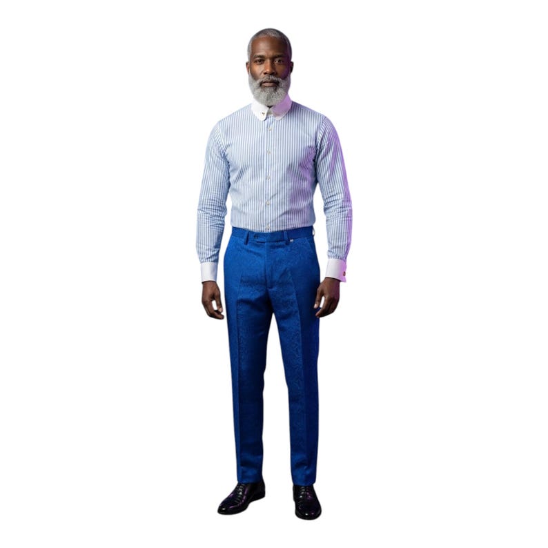 May include: A man wearing a blue and white striped dress shirt with a white collar and cuffs, paired with blue patterned dress pants. The man is also wearing black dress shoes.