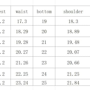 May include: A white chart with black text detailing shirt measurements. Measurements include collar, length, chest, waist, bottom, shoulder, sleeve length, and bicep, with sizes ranging from XS to 3XL.
