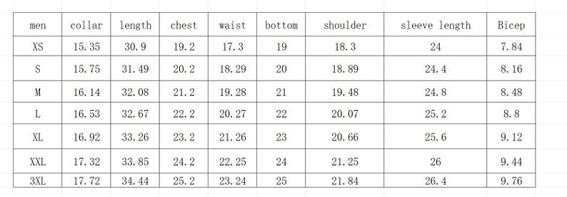 May include: A white chart with black text detailing shirt measurements. Measurements include collar, length, chest, waist, bottom, shoulder, sleeve length, and bicep, with sizes ranging from XS to 3XL.